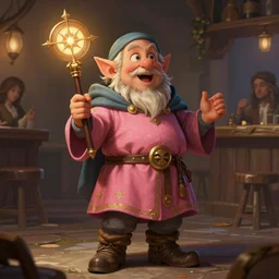 male dwarfish cleric wearing only boots and a pink skirt, holding a holy symbol, he is preaching, he looks like he is insane. the background is a friendly tavern. The mood is friendly and welcoming. dungeons and dragons, highly detailed, digital painting, artstation, concept art, sharp focus, illustration, art by Leonardo da Vinci and Michelangelo and Botticelli