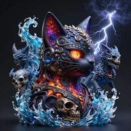 3 d ornate carved dark cosmic kitty with profile portrait, sigma 5 0 0 mm f / 5. beautiful intricate highly detailed quetzalcoatl skull. bioluminescent, plasma, lava, ice, water, wind, creature, thunderstorm! artwork by tooth wu and wlop and beeple and greg rutkowski, 8 k trending on artstation