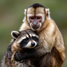A capuchin monkey hugging a raccoon