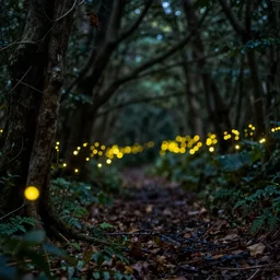 fire flies in an ancient dark forest, greg rutkowski, 8 k, shallow depth of field, ultra high detail, concept art,