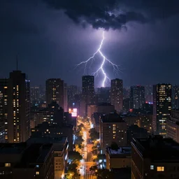 dramatic night time cityscape of a city, rain storm, lightning, dramatic, atmosphere, electric lighting, glowing signs, illuminated windows, glowing streets, moody, silhouette, shadow, by larry lin, 3 d render, digital painting, hyper realism, art by jason felix