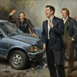 comedian tom segura laughing at a car crash, highly detailed painting by gaston bussiere, craig mullins, j. c. leyendecker 8 k
