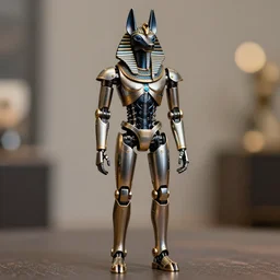 high quality presentation photo of a anubis-headed humanoid metal robot, full body, photography 4k f1.8 anamorphic bokeh 4k Canon Nikon