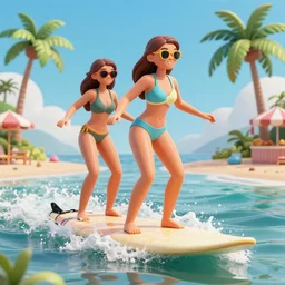 extremely attractive bikini girls on a surfboard wave surfing with palm trees high detail 3 d render octane art station digital art detailed sunglasses surfboard beach bar summer