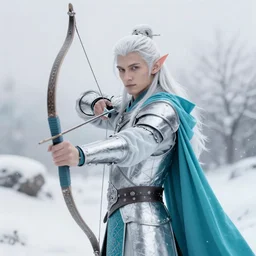 half length portrait of a handsome snow elf in a turquoise cape and silver armour, armed with bow and arrow, albino skin, winter vibes, elegant, very coherent symmetrical artwork, rule of thirds, by ralph hosley and alphonse mucha and charlie bowater, sharp focus, trending on artstation