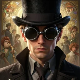highly closeup detailed portrait of jill the ripper wearing goggles and a top hat, stephen bliss, unreal engine, greg rutkowski, loish, rhads, beeple, makoto shinkai and lois van baarle, ilya kuvshinov, ross draws, tom bagshaw, tom whalen, alphonse mucha, nicoletta ceccoli, mark ryden, earl norem, global illumination, god rays, detailed and intricate environment