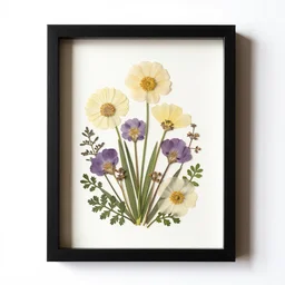 elegant pressed flowers in frame, studio product photography, isolated on a pure white background, centered, entire object in frame, sharp focus, soft studio lighting