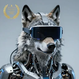 portrait of cybernetic wolf with cyberpunk vr glasses, mechanical parts, wires, closeup portrait, editorial photography, award winning, establishing shot