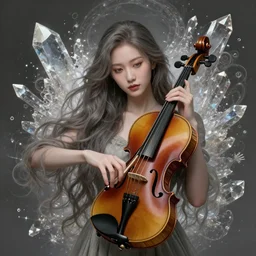 opulent fantasy violin, fractal crystal, (((beauty portrait))) by WLOP, James Jean, Victo ngai, unreal engine, beautifully lit, long hair, elegant, muted colors, highly detailed, fantasy art by Craig Mullins, Thomas Kinkade