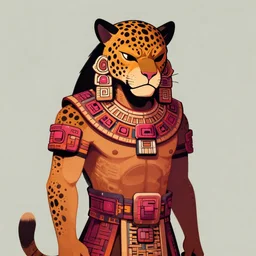 illustration of mayan jaguar warrior, sullen, showing irritation or ill humor by a gloomy silence or reserve. in colors # 1 1 3 4 a 6, # 7 3 c 2 fb, # 6 6 9 3 fs, # 9 8 fb 9 8, # 0 1 7 9 6 f, by studio multi and victo ngai, malika favre