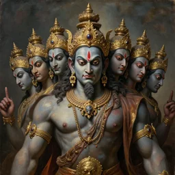 a beautiful cinematic masterpiece headshot portrait of majestic colossal gothic hindu asura demon god ravan with ten heads, from ramayan, symmetric centered portrait, by leonardo da vinci, by bruce pennington, by greg rutkowski, oil on canvas, trending on artstation, brilliant diffused studio lighting, sharp, hyper - detailed, cinematic composition, no frames, hd, 8 k