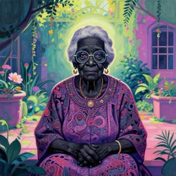 black granny in vaporwave courtyard garden. complementary colors, gouache, indie concept art, bloom, chiaroscuro, backlighting, intricate details.