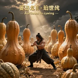 muscular wuxia master in a field of giant gourds