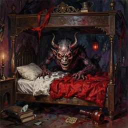 realistic detailed image of a small !!!scary demon-monster is hiding!!! and lurking under the bed in the shadows!!!.  by  Ayami Kojima, Amano, Karol Bak, Greg Hildebrandt, and Mark Brooks, Neo-Gothic, gothic, rich deep colors. Beksinski painting, part by Adrian Ghenie and Gerhard Richter. art by Takato Yamamoto. masterpiece