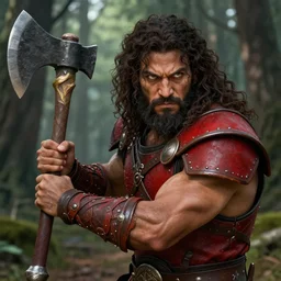 Picture of an adult male warrior, muscular, baggy eyes, light bown iris, wielding one big AXE, long curly hair, messy beard, very dark brown skin!, mixed plate and leather armor, red colored, in the forest, ready for combat, high fantasy, by WLOP, Genzoman, Sakimichan and Frank Franzzeta, trending on artstation, artstationHD, artstationHQ, good, octane, cgsociety, HD, extremely detailed, detailed face!, HD 16k