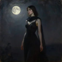 lush celestial twilight priestess, bringer of starlight, ethnic, clear eyes, statuesque, gazelle - like, femme fatale, radiant skin, dark gown and scarf, svelte fashion design, bathed in moonlight, chiaroscuro, impressionism, silhouette, subtle highlights, deep desaturated hues, oil on canvas