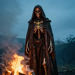 a film still of a tall skeletal humanoid wearing a torn and tattered cape with a hood, adorned by beautiful golden jewelry in cool twilight standing by a warm bonfire, smoke, dry ice, horror, highly detailed, film grain, vignette, chromatic aberration