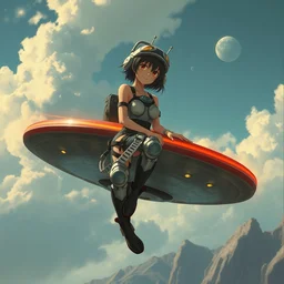 a film still of a 1 9 5 0's mechanic anime girl sitting on top of flying ufo, finely detailed features, full body mid shot, perfect art,, trending on pixiv fanbox, painted by gaston bussiere, makoto shinkai, akihiko yoshida, gaston bussiere, craig mullins, studio ghibli