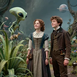 detailed, sharp, a girl and a boy standing next to some alien plants, looking happy, wearing 1850s era clothes, their small pet alien creature is hovering nearby, in a park on an alien planet, steampunk, extremely highly detailed, hyperrealistic, highly detailed faces, 70 mm still from a period sci fi movie, 4k, HD