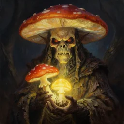 evil mushroom - face barkskin wizard holding a glowing fungus moody, fantasy, dark, rim lighting, detailed, painting