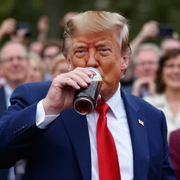 donald trump drinking root beer infront of an audience, photography