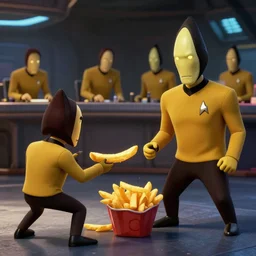 anthropomorphic French Fries fighting star trek engineers, still from star trek