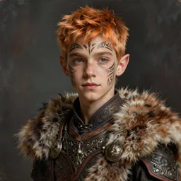 portrait painting of an elven male teen with a soft expression and short light orange hair and tribal tattoos on his face wearing fur armor, ultra realistic, concept art, intricate details, eerie, highly detailed, photorealistic, octane render, 8 k, unreal engine. art by artgerm and greg rutkowski and charlie bowater and magali villeneuve and alphonse mucha