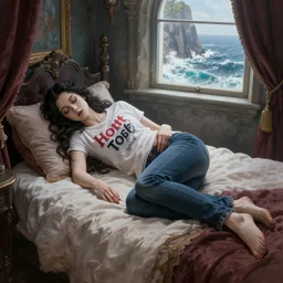 a hyperdetailed matte painting of yennefer as a goth princess asleep on a bed in a tower, dressed in a contemporary t shirt and jeans from hot topic, sleeping princess!!!, window that overlooking cliffs and crashing waves in the background, highly detailed, deep focus, elegant, digital painting, sharp focus, ultra realistic, 8 k, art by greg rutkowski and rembrandt and alphonse mucha