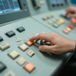 a hand pressing randome buttons inside of a nuclear reactor control room, taken from the view of the hand, highly detailed, very realistic.