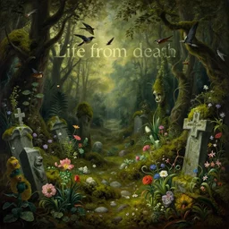 'Life from death' A horrifying aesthetic horror landscape painting depicting 'A mossy graveyard with plants and flowers growing all over it, birds and insects flying all around it' by giuseppe arcimboldo and Rembrandt, Trending on cgsociety artstation, 8k, masterpiece, cinematic lighting, highly detailed, vibrant colors.