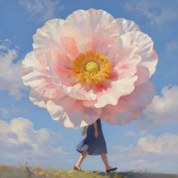 large flower head, woman walking, surreal, clouds in sky, impressionist painting, digital painting, artstation, rob gonsalves