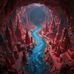 A highly detailed 4K fantasy matte painting of city inside cave built around a long river. ArtStation, CGSociety, Unreal Engine, concept art, red and blue color scheme.