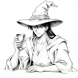 a mystical man with a goblet on the table, wizard hat, drawn by Naoko Takeuchi, impressive line work, tarot card. tarot card the magician,