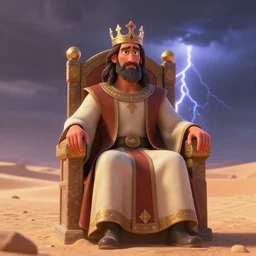 a man with a crown on his head, dressed in a robe, sitting on a throne, in the desert, in the background a thunderstorm, pixar, artstation, high detailed,
