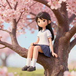 a girl sitting in a cherry blossom tree, octane render, 3 d, 8 k