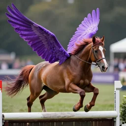 digital art action shot from a distance of 2 0 m of a winged appaloosa horse, the wings are unfurled periwinkle color wings, saturated colored mane. the horse is at a steeplechase event, professional, high quality, digital art, 4 k, dof, bokeh, action, dramatic lighting, octane 3 d