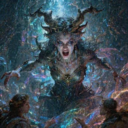 epic portrait of menacing, anxious, agitated yet stunningly beautiful biomechanical djinn the terrifying demigod of creation with azure tears of joy overseeing the iridescent fabric of the universe, by charlie bowater, mandy jurgens, gustav klimt, octane render, dramatic camera angle, 4k, 8k, high detail, HDR, by tom bagshaw, powerful, with inspiration from Beksinski, inspired by greek goddess Athena