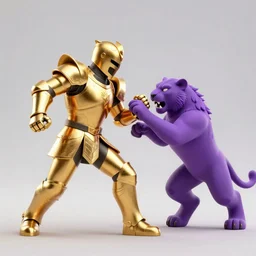 gold knight fighting purple cougar, 3d render, honorable, cinematic, sharp