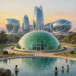 capital city of the free republic of lberland, women enjoying water in the foreground, humongous green glass dome and path around it and humongous futuristic glass buildings built in the horizon, sunset light, hyperdetailed, artstation, painting by gaston bussiere, craig mullins, j. c. leyendecker, 8 k