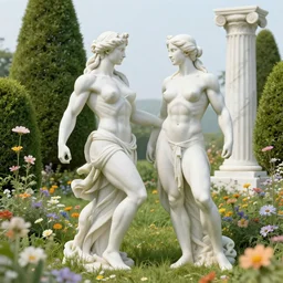 muscular athena and muscular goddess frolic in a meadow of beautiful flowers, large topiary and marble pillars in the background, painting by gaston bussiere, craig mullins, j. c. leyendecker, tom of finland
