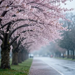 a blooming cherry tree in the rain atmospheric beautiful award winning photo trending on Pinterest