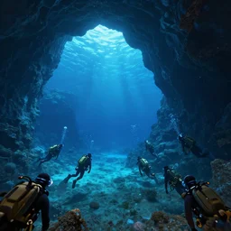 Divers discover a vast sea cavern, modern, wide shot, trending on artstation