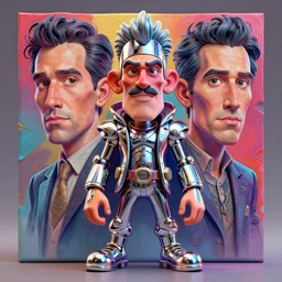 stylish colourful caricature - 3 d vfx art - of chrome, art style by zdzisaw beksinski & hsiao - ron cheng, character concept art, unreal engine render, digital illustration, sharp, intricate detail, volumetric light, ray tracing, soft light, claymation style, symmetric, acrylic on canvas, pinterest, artstation, behance,