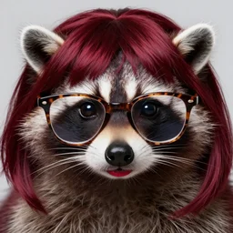 raccoon wearing dark red wig and tortoise shell glasses and lipstick, photo, detailed, 4 k