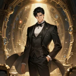 character environment design, arrogant elegant man travels through time via steampunk portals, pixiv fanbox, dramatic lighting,