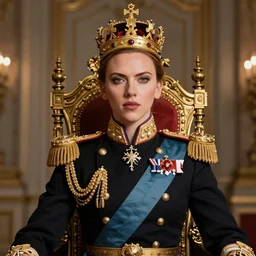 Johansson as the Queen of Prussia Regal Royal Throne Epaulettes Crown Gold Painterly Military Uniform Scarlett Johansson as the Queen of Prussia in the style of John Singer Sargent