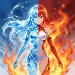 a powerful anime girl made of half ice and half fire