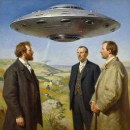 painting of a scene from an ancient historical ufo encounter, charles abel corwin, frank lloyd wright, alphonso mucha, highly detailed, oil painting, hyper realism
