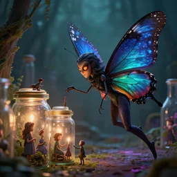 A large evil butterfly fairy inspects the tiny humans she keeps in jars by Greg Rutkowski, 4k photorealistic, volumetric lighting, HD, high details, dramatic, trending on artstation