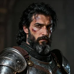 a portrait of mena massoud as a bearded man, battle scars and bruises on face, paladin armor, black hair, some grey hair in beard, style by donato giancola, wayne reynolds, jeff easley dramatic light, high detail, cinematic lighting, artstation, dungeons and dragons